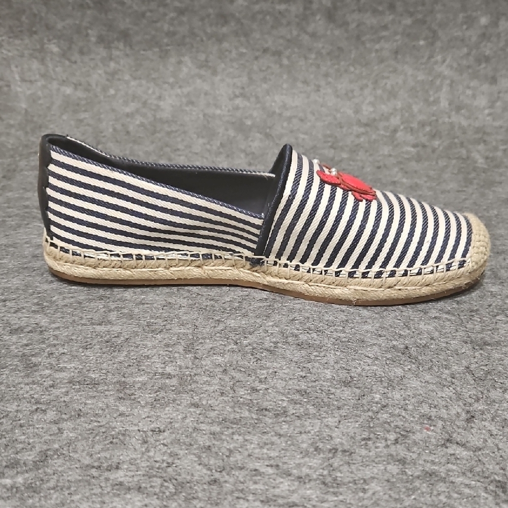 Kate Spade Laguna Striped Espadrilles 9.5 Navy Blue White Crab Pearl Flat Shoe - Picture 4 of 11